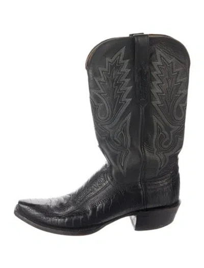 Pre-owned Lucchese Leather Animal Print Western Boots In Black