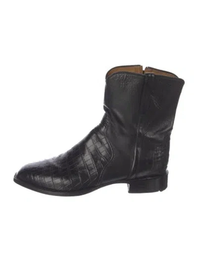 Pre-owned Lucchese Leather Animal Print Western Boots In Black