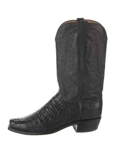 Pre-owned Lucchese Leather Animal Print Western Boots In Black