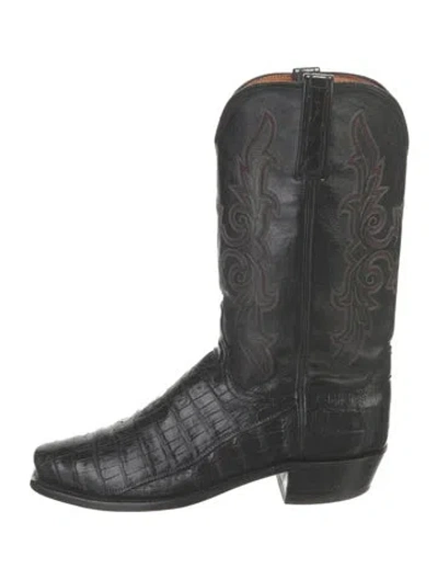 Pre-owned Lucchese Leather Animal Print Western Boots In Black