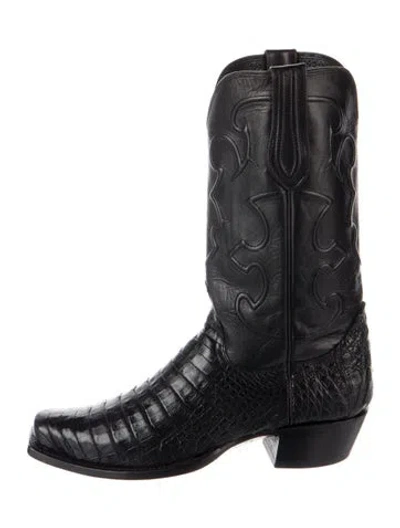 Pre-owned Lucchese Leather Animal Print Western Boots In Black