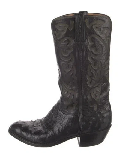 Pre-owned Lucchese Leather Animal Print Western Boots In Black
