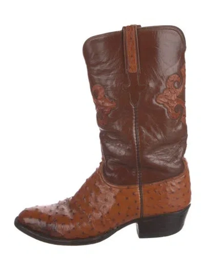 Pre-owned Lucchese Leather Animal Print Western Boots In Brown