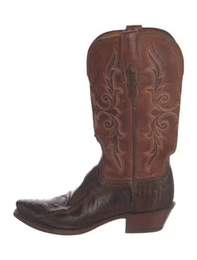 Pre-owned Lucchese Leather Animal Print Western Boots In Brown