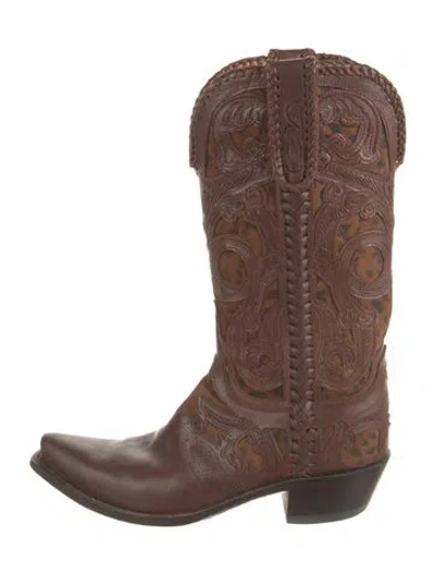 Pre-owned Lucchese Leather Animal Print Western Boots In Brown