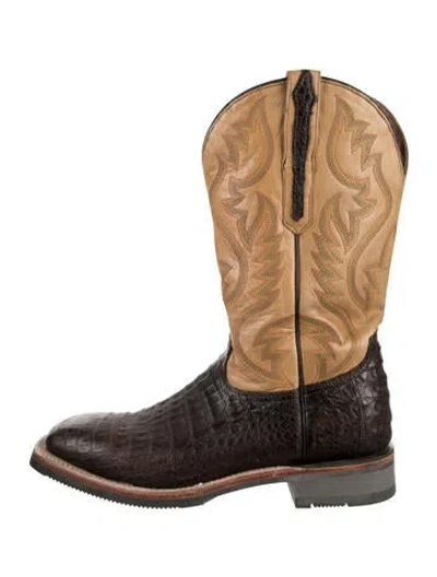 Pre-owned Lucchese Leather Animal Print Western Boots In Brown