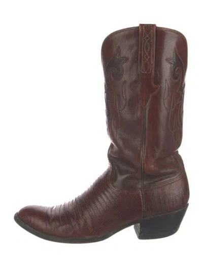 Pre-owned Lucchese Leather Animal Print Western Boots In Brown