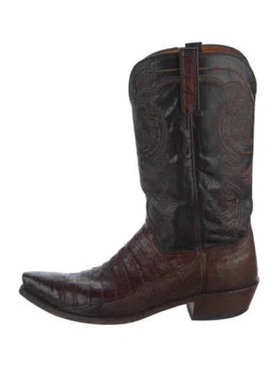 Pre-owned Lucchese Leather Animal Print Western Boots In Brown
