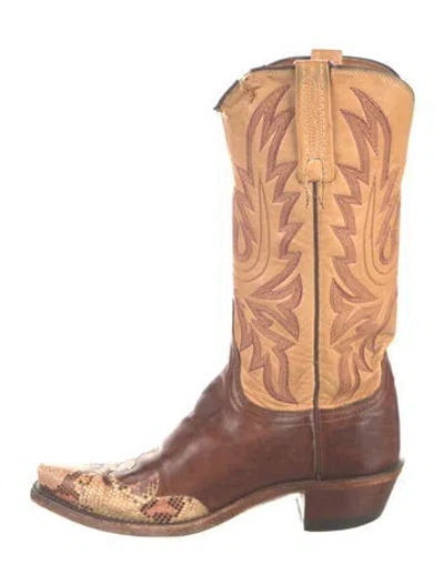 Pre-owned Lucchese Leather Animal Print Western Boots In Brown
