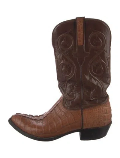 Pre-owned Lucchese Leather Animal Print Western Boots In Brown