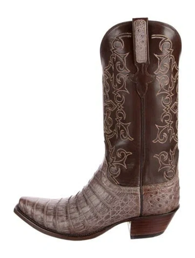 Pre-owned Lucchese Leather Animal Print Western Boots In Brown