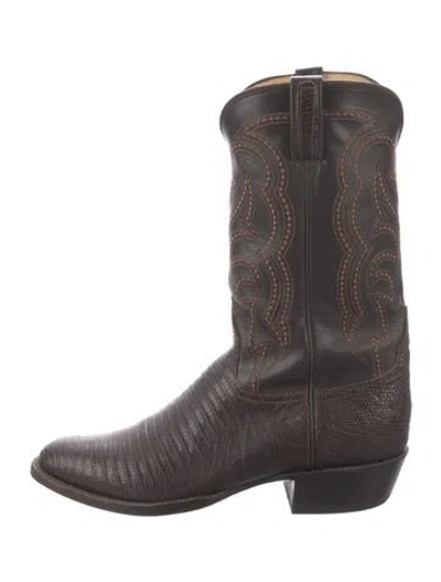 Pre-owned Lucchese Leather Animal Print Western Boots In Brown