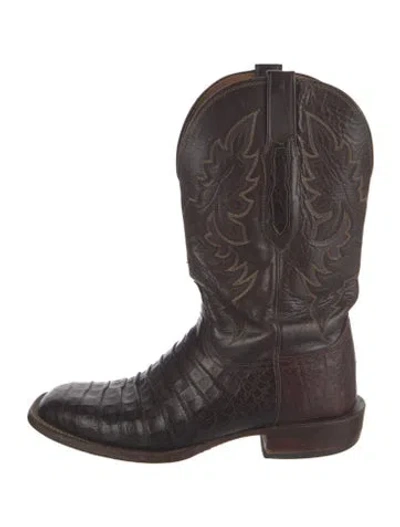 Pre-owned Lucchese Leather Animal Print Western Boots In Brown