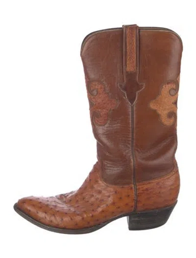 Pre-owned Lucchese Leather Animal Print Western Boots In Brown