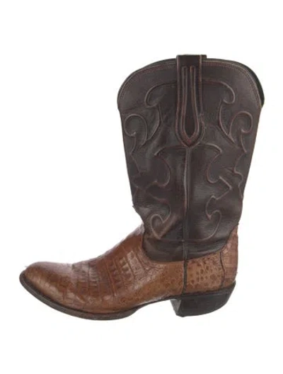 Pre-owned Lucchese Leather Animal Print Western Boots In Brown