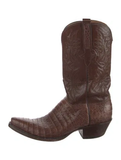 Pre-owned Lucchese Leather Animal Print Western Boots In Brown