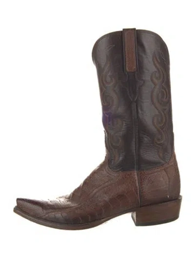 Pre-owned Lucchese Leather Animal Print Western Boots In Brown