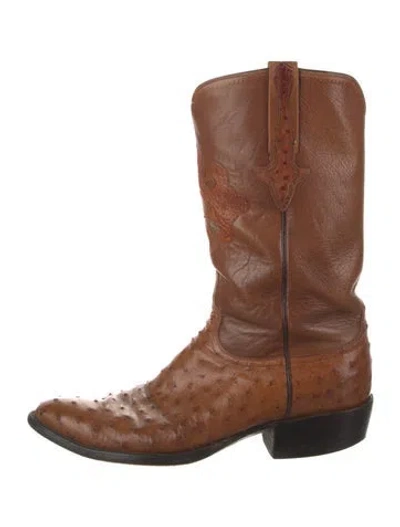 Pre-owned Lucchese Leather Animal Print Western Boots In Brown