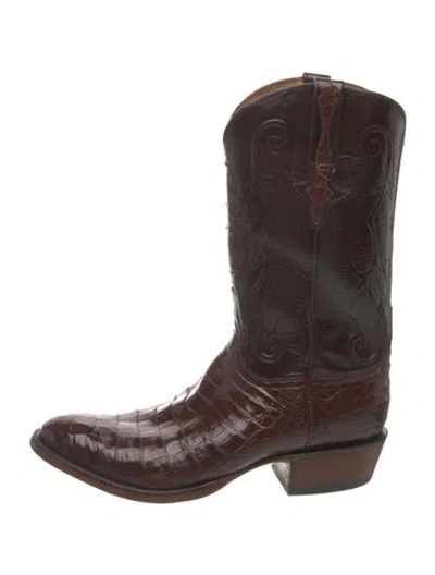 Pre-owned Lucchese Leather Animal Print Western Boots In Brown