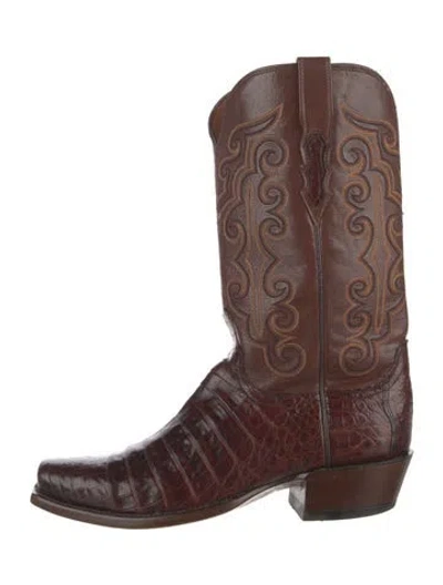 Pre-owned Lucchese Leather Animal Print Western Boots In Brown