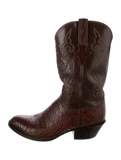 Pre-owned Lucchese Leather Animal Print Western Boots In Brown