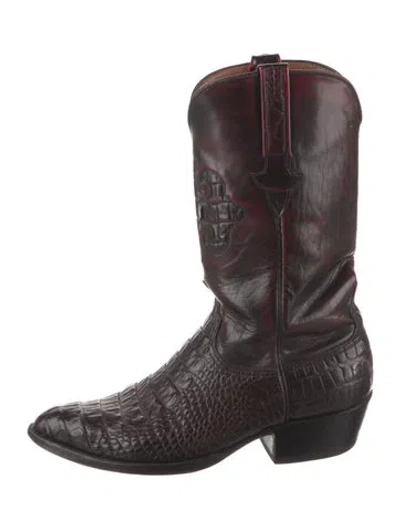 Pre-owned Lucchese Leather Animal Print Western Boots In Red