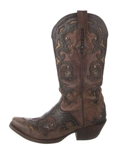 Pre-owned Lucchese Leather Colorblock Pattern Western Boots In Brown