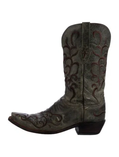 Pre-owned Lucchese Leather Colorblock Pattern Western Boots In Green