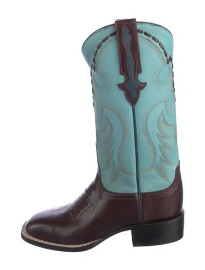 Pre-owned Lucchese Leather Colorblock Pattern Western Boots In Green