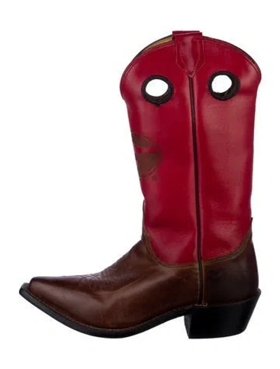 Pre-owned Lucchese Leather Colorblock Pattern Western Boots In Red