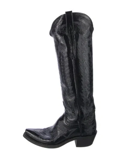 Pre-owned Lucchese Leather Embroidered Accent Riding Boots In Black