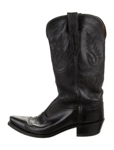 Pre-owned Lucchese Leather Embroidered Accent Western Boots In Black