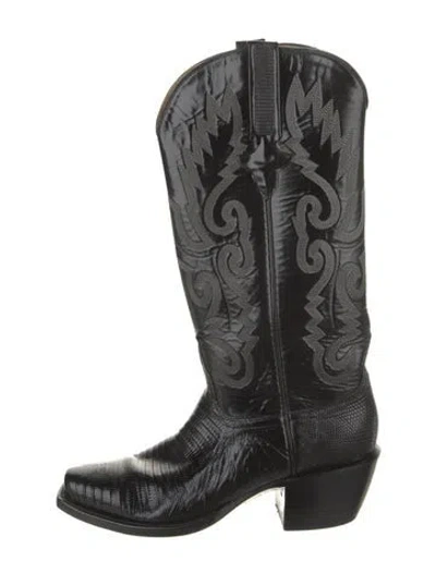 Pre-owned Lucchese Leather Embroidered Accent Western Boots In Black