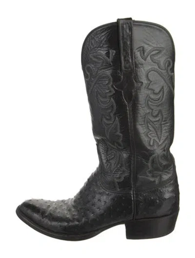 Pre-owned Lucchese Leather Embroidered Accent Western Boots In Black