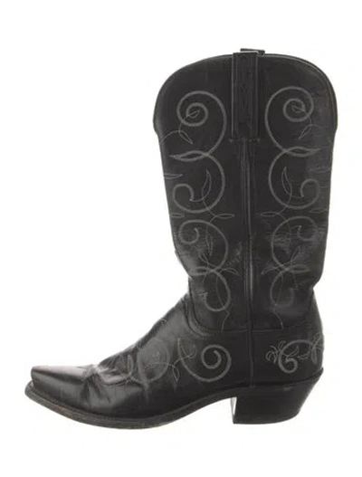Pre-owned Lucchese Leather Embroidered Accent Western Boots In Black