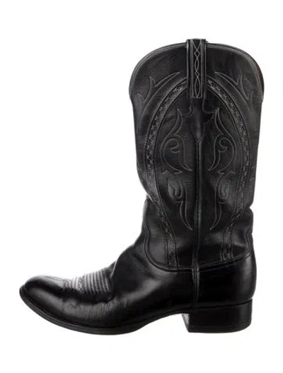 Pre-owned Lucchese Leather Embroidered Accent Western Boots In Black
