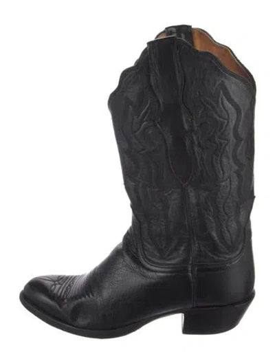 Pre-owned Lucchese Leather Embroidered Accent Western Boots In Black