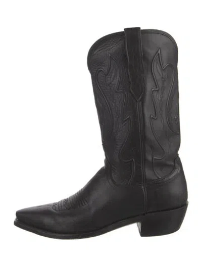 Pre-owned Lucchese Leather Embroidered Accent Western Boots In Black