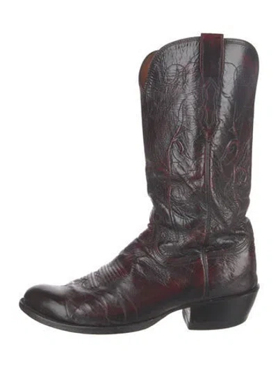Pre-owned Lucchese Leather Embroidered Accent Western Boots In Black