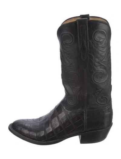 Pre-owned Lucchese Leather Embroidered Accent Western Boots In Black