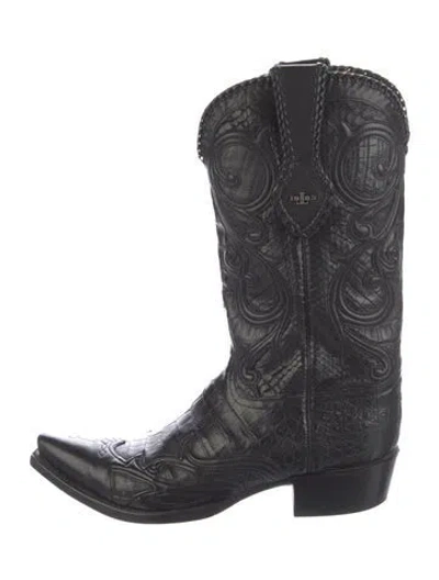 Pre-owned Lucchese Leather Embroidered Accent Western Boots In Black