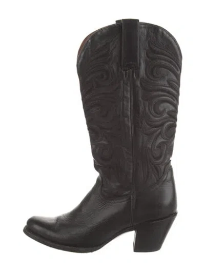 Pre-owned Lucchese Leather Embroidered Accent Western Boots In Black