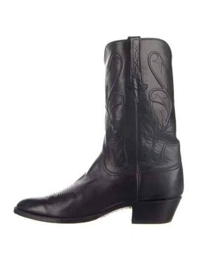 Pre-owned Lucchese Leather Embroidered Accent Western Boots In Black