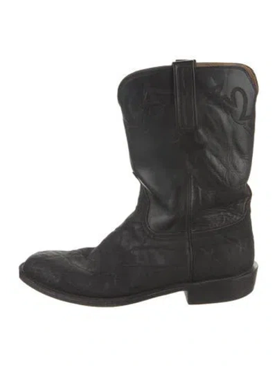 Pre-owned Lucchese Leather Embroidered Accent Western Boots In Black