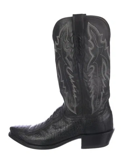 Pre-owned Lucchese Leather Embroidered Accent Western Boots In Black