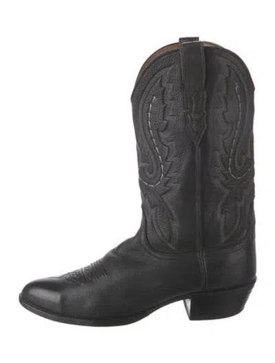 Pre-owned Lucchese Leather Embroidered Accent Western Boots In Black