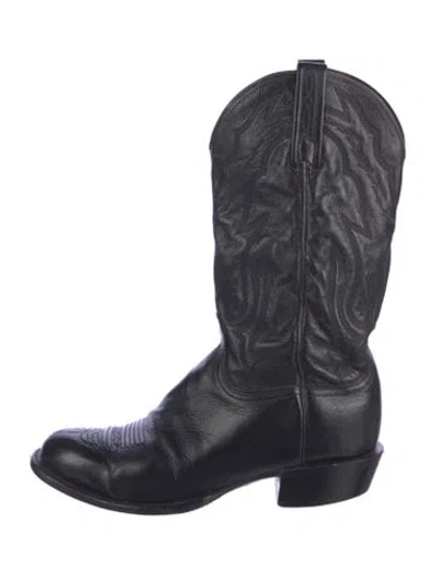 Pre-owned Lucchese Leather Embroidered Accent Western Boots In Black