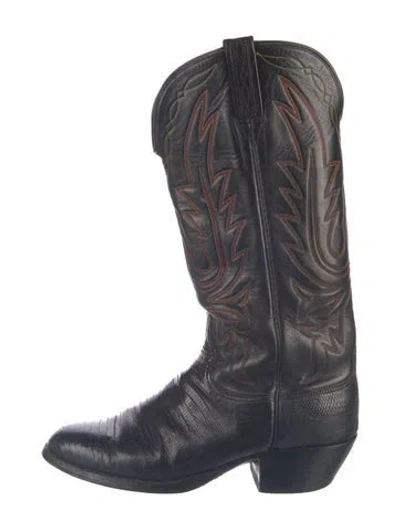 Pre-owned Lucchese Leather Embroidered Accent Western Boots In Black