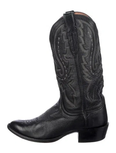 Pre-owned Lucchese Leather Embroidered Accent Western Boots In Black