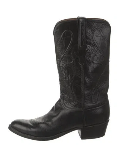 Pre-owned Lucchese Leather Embroidered Accent Western Boots In Black